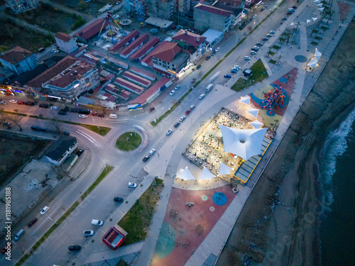 Karasu Sakarya Adapazari High-angle, full shot of a coastal city at twilight. Aerial View of a Coastal Cityscape with Modern Promenade. Turkiye Turkey Drone shot  photo