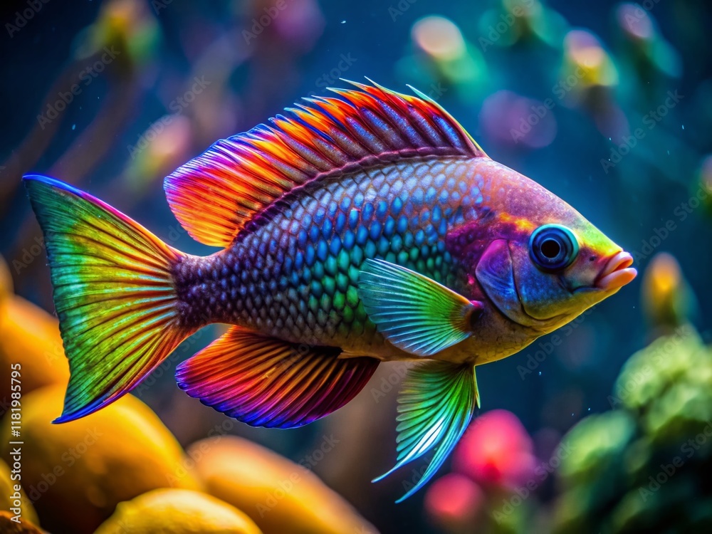 Rainbow Peacock Fish, Vibrant Tail, Deep Ocean Macro Photography Rainbow Peacock Fish, Vibrant Tail, Deep Ocean Macro Photography
