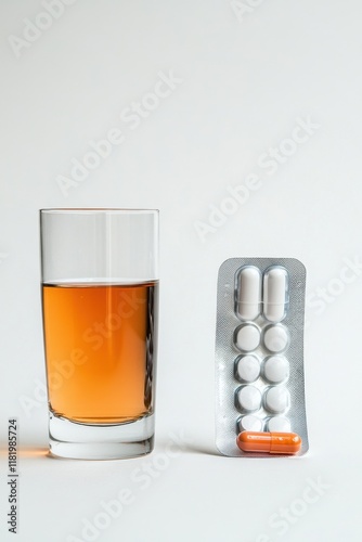 Glass of orange juice and blister pack of pills on white background