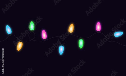 Bright garland of colorful Christmas lights on black background.