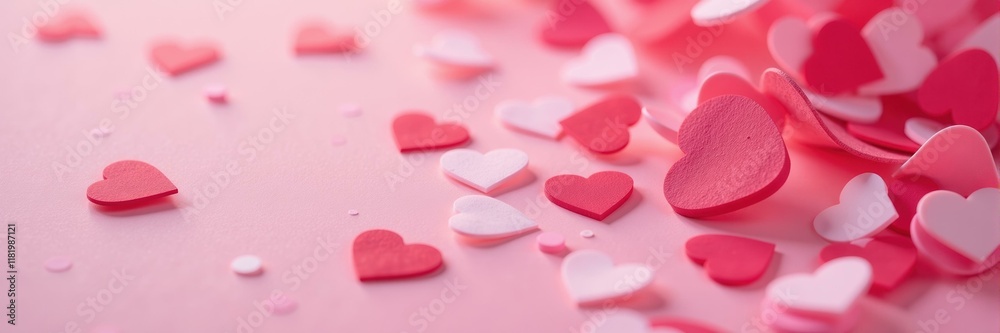 Obraz premium Soft pink and white heart shapes scattered on a pink surface, evoking love, romance and a delicate holiday feel, perfect for romantic occasions or valentine's day promotions.
