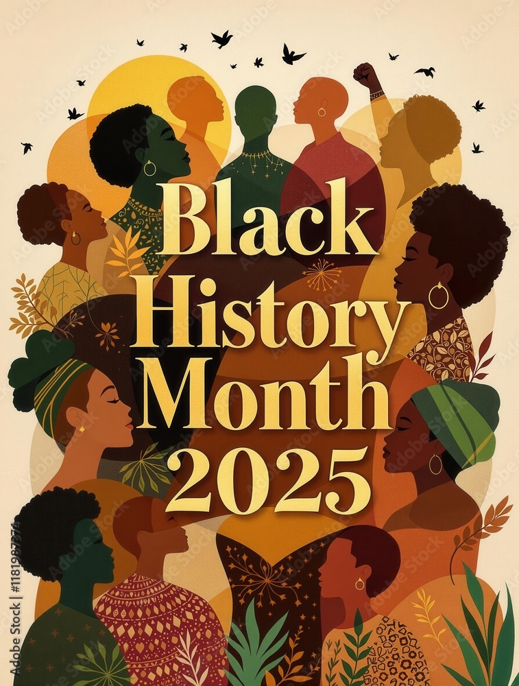 Naklejka premium Diverse silhouettes celebrating black history 2025 with vibrant colors and cultural symbols
