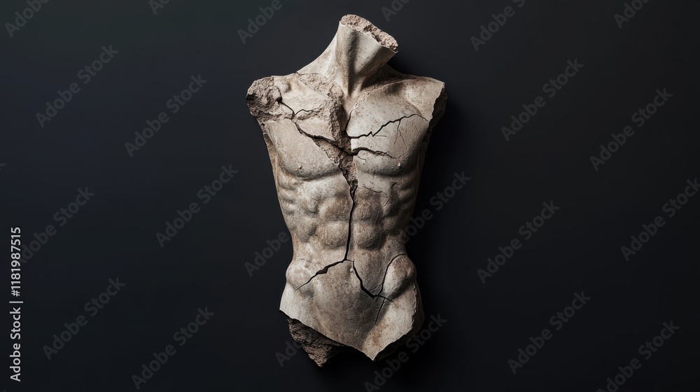 Ancient cracked stone torso sculpture on dark background Ancient cracked stone torso sculpture on dark background