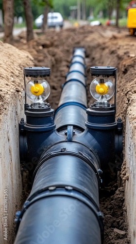 A blue water main plant features two large pipes with gate valves, captured in natural light highlighting the sharp details photo