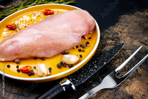 Fresh chicken breast garnished with spices and herbs on a yellow plate ready for cooking in a rustic kitchen