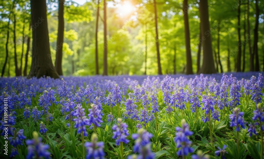 Vibrant forest filled with bluebell flowers Vibrant forest filled with bluebell flowers