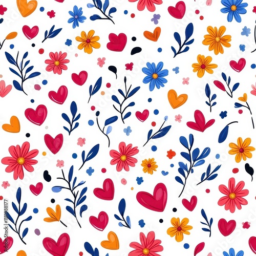 Colorful Floral Pattern with Hearts and Leaves on White Background for Creative Design Projects