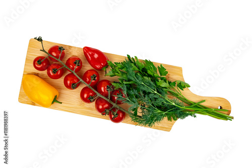 Fresh vegetables and herbs arranged on a wooden cutting board with vibrant colors and healthy options for cooking or meal preparation