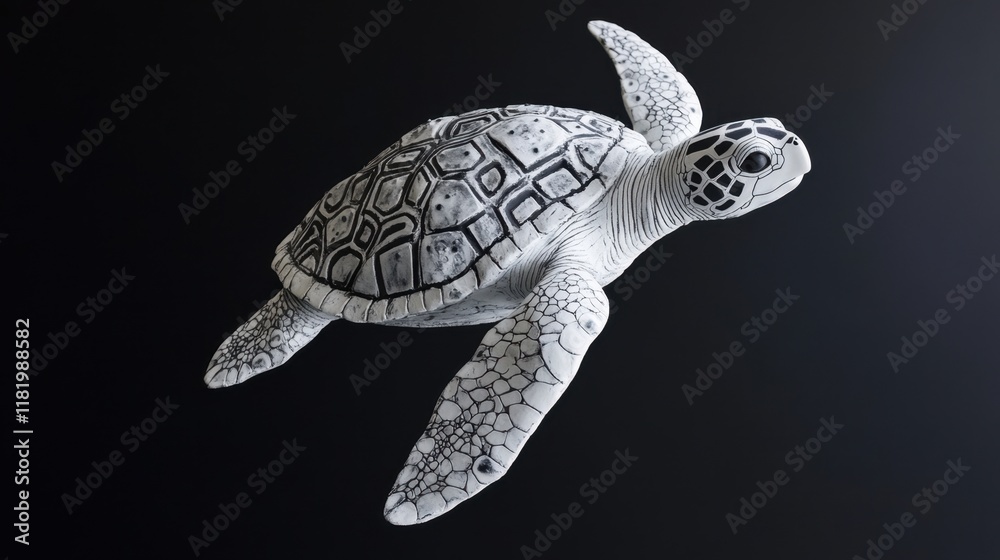 Fototapeta premium Intricate black and white sea turtle sculpture on dark background