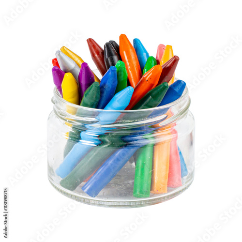 Brightly colored markers arranged in a clear glass jar ready for art projects at a creative workspace
