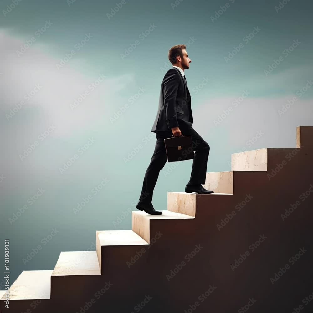 a career man carrying a bag is climbing the ladder step by step with certainty