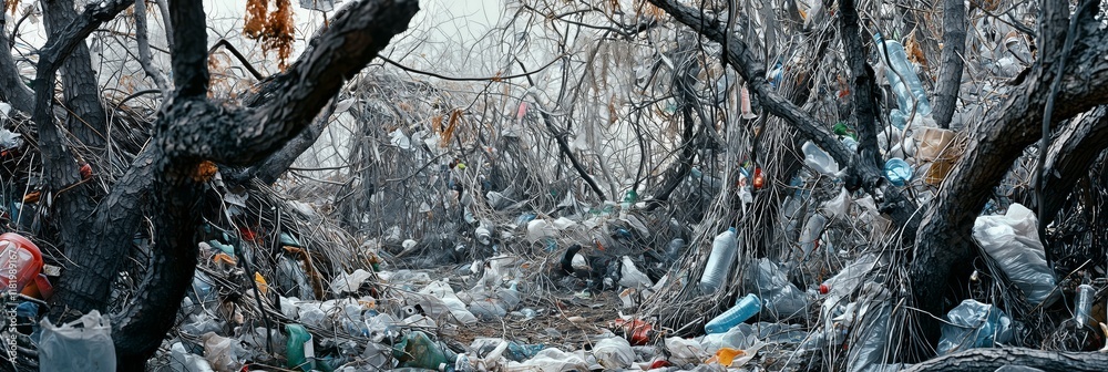 Detailed View of a Forest with Trees Surrounded by Waste and Debris
