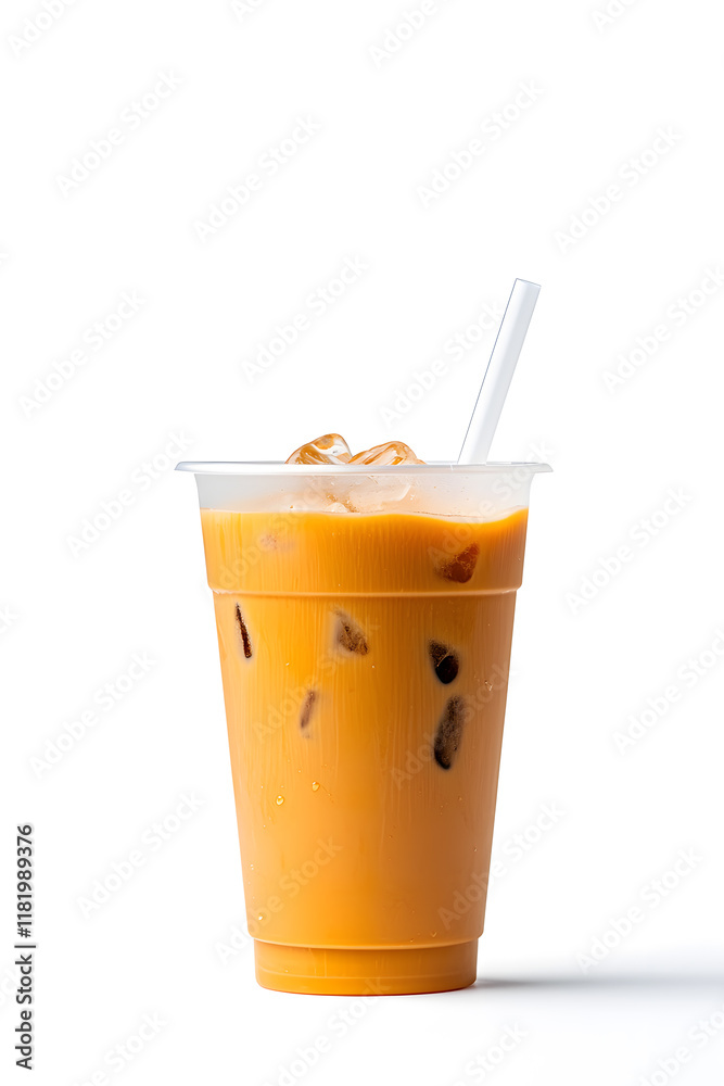 Cold brewed ice latte coffee on plastic cup, isolated on white background Cold brewed ice latte coffee on plastic cup, isolated on white background