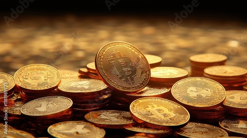Digital currency explosion bitcoin coins abundant virtual world cryptocurrency focus abstract blur financial concept