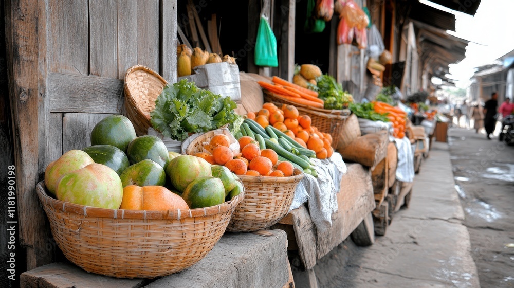 A Cheerful Farmers Market Baskets of Ripe, Organic Fruits and Vegetables, Overflowing with Flavor and Life, Explore Nature's Bounty and Healthy Choices in Every Colorful Display A Cheerful Farmers Market Baskets of Ripe, Organic Fruits and Vegetables, Overflowing with Flavor and Life, Explore Nature's Bounty and Healthy Choices in Every Colorful Display