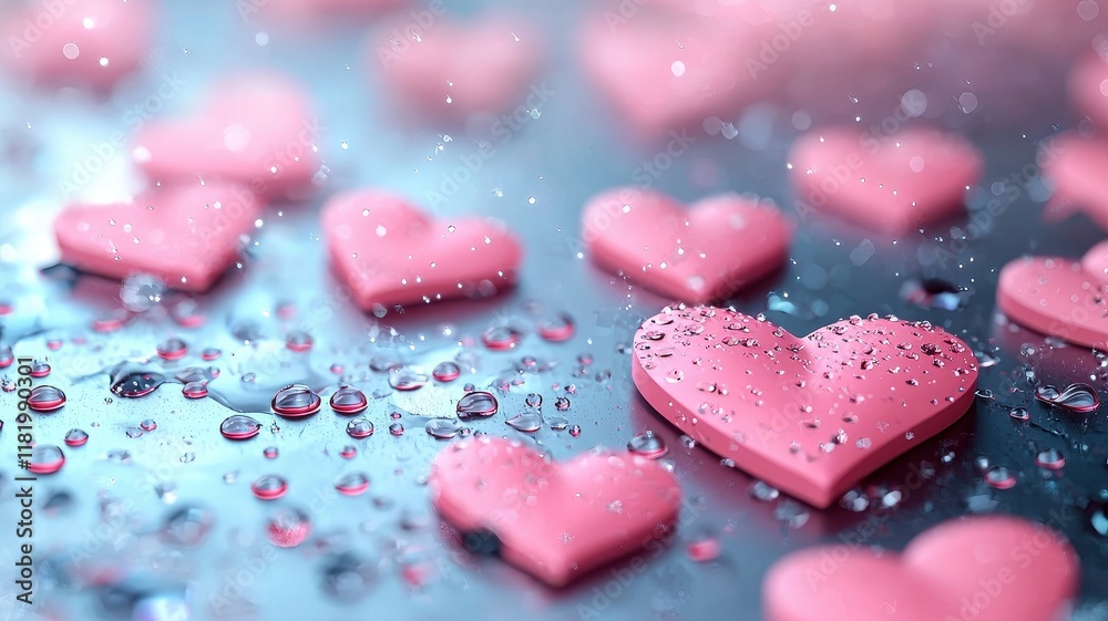 Fototapeta premium Twinkling heart patterns in rainy night sky, magical romantic scene, 3D illustration