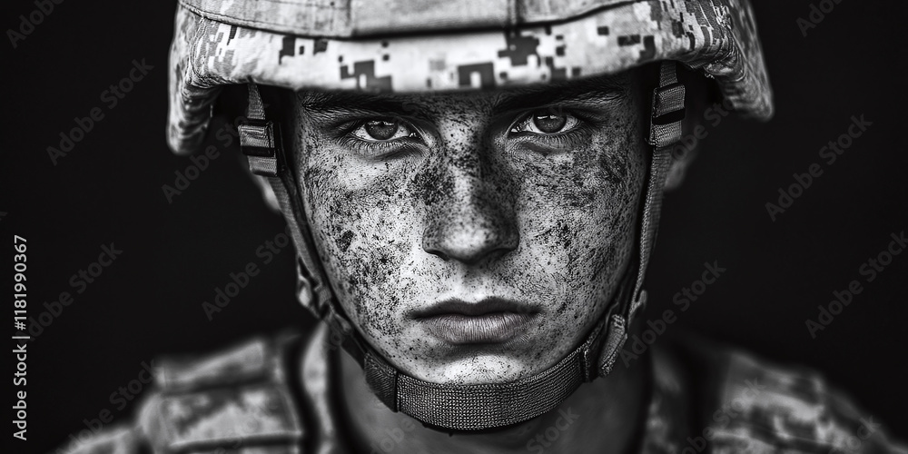Close-up black and white portrait of a soldier in uniform with a gritty face, looking directly at the camera with an intense expression, symbolizing resilience and bravery. Close-up black and white portrait of a soldier in uniform with a gritty face, looking directly at the camera with an intense expression, symbolizing resilience and bravery.