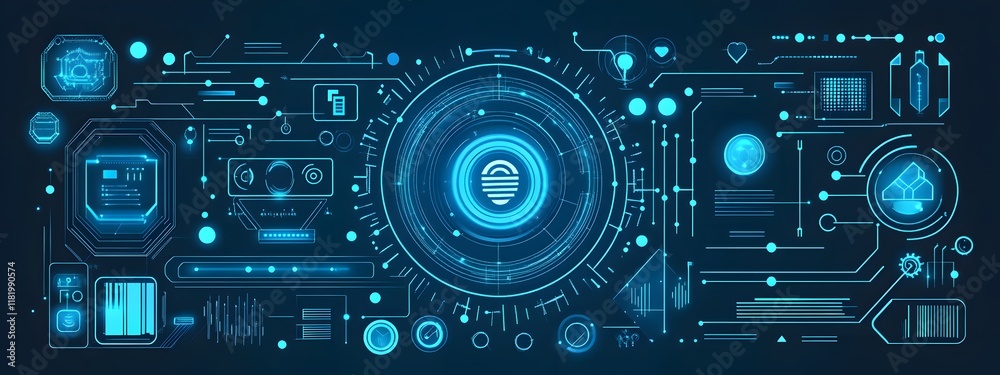 Blue background with futuristic circular technology elements and circuit board patterns Blue background with futuristic circular technology elements and circuit board patterns