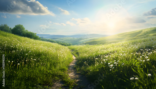 Sunny path meanders through a verdant flowery hillside photo