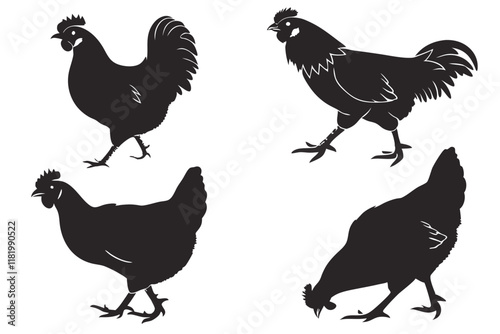 Create a series of chicken silhouettes on a white background. The chickens should be depicted in various poses, such as standing, walking, and pecking, with their distinct features like combs and tail