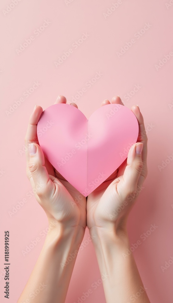 Pair of hands holding a pink paper heart shape on pink background, concept of love, care, connection, and Valentine's Day Pair of hands holding a pink paper heart shape on pink background, concept of love, care, connection, and Valentine's Day