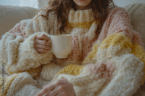 Wallpaper Mural A woman is sitting on a couch with a cup of coffee in her hand. She is wearing a sweater with a striped pattern. The image conveys a cozy and relaxed atmosphere Torontodigital.ca