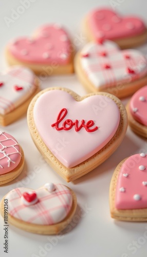 Heart-shaped cookies, with pink frosting and red love inscription, presented on white background, perfect for Valentine's Day or romantic themed projects.