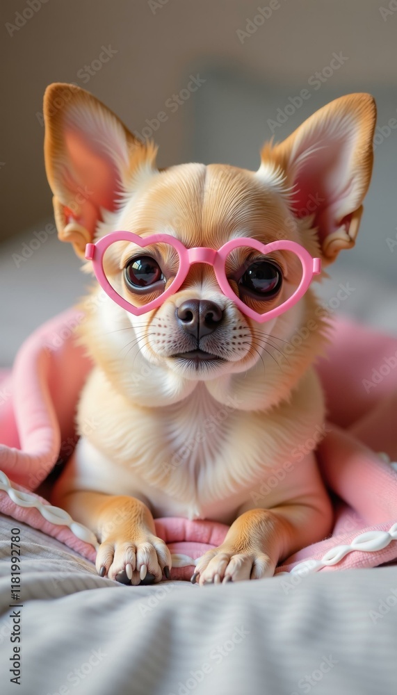 Adorable chihuahua puppy wearing pink heart-shaped glasses with a playful expression, concept of love and affection. Adorable chihuahua puppy wearing pink heart-shaped glasses with a playful expression, concept of love and affection.