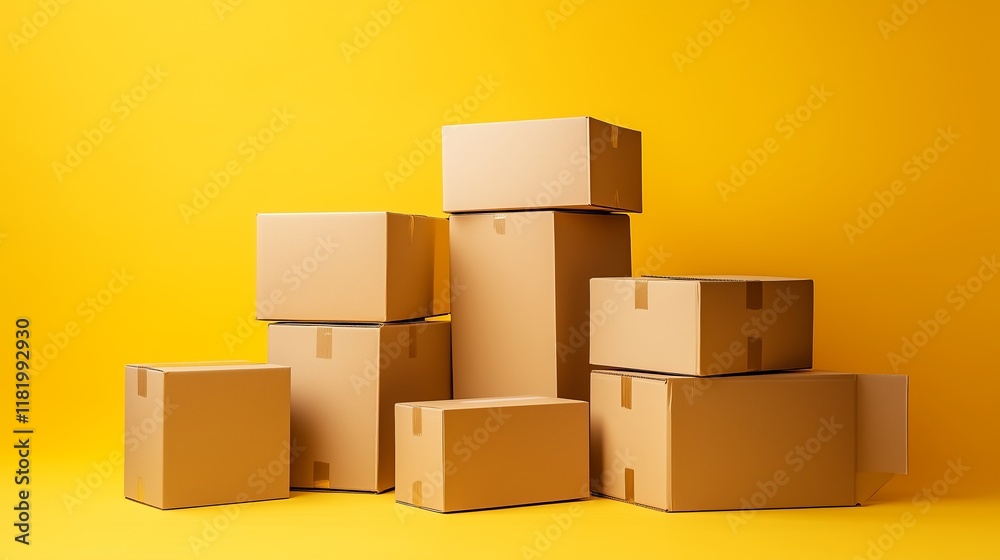 A stack of cardboard boxes of different sizes, neatly stacked against a bright yellow background. The minimalistic composition conveys the theme of packaging, delivery and logistics A stack of cardboard boxes of different sizes, neatly stacked against a bright yellow background. The minimalistic composition conveys the theme of packaging, delivery and logistics