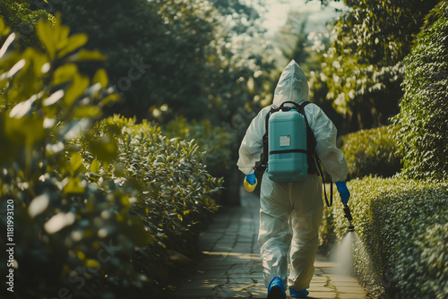 A person in full protective gear spraying plants in a lush garden, with copy space. Soft morning light. 