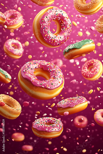 A vibrant assortment of colorful donuts floating in a whimsical background.