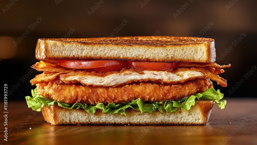 Chicken katsu sando sandwich with lettuce and tomato on a wooden table Chicken katsu sando sandwich with lettuce and tomato on a wooden table
