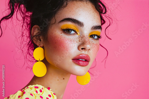 Wallpaper Mural Woman with yellow earrings and pink lipstick. She has a bright and bold image. Pink and yellow colors create a cheerful and playful mood. Close-up on an isolated background. Torontodigital.ca