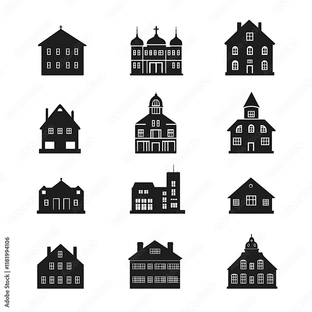 Fototapeta premium Collection of Black and White Building Silhouettes