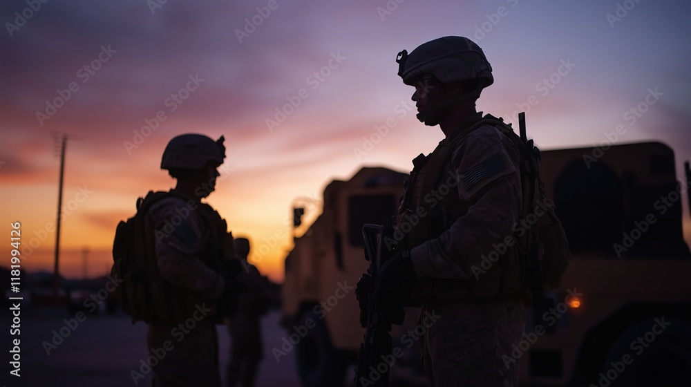 Military men in uniform standing against the backdrop of sunset. Soldiers are silhouetted against the colorful sky, with military vehicles visible in the background. Military men in uniform standing against the backdrop of sunset. Soldiers are silhouetted against the colorful sky, with military vehicles visible in the background.