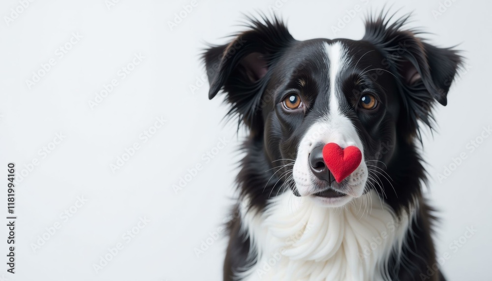 Close-up of a cute border collie puppy with red heart on its nose on a plain white background, concept love for pets, Valentine's Day Close-up of a cute border collie puppy with red heart on its nose on a plain white background, concept love for pets, Valentine's Day