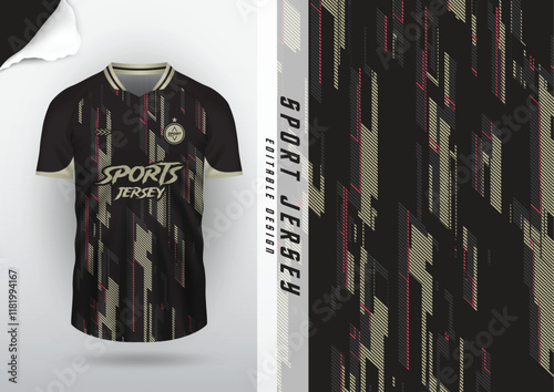 Jersey design, jersey, football, soccer, futsal, running, badminton, tennis, exercise, rugby, striped, black and gold.