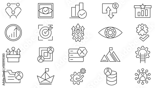 Mission, Vision, and Values line icon set. Vision, social responsibility, commitment, personal growth, innovation, family, customer satisfaction, quality line icon set. UI thin line icon pack.