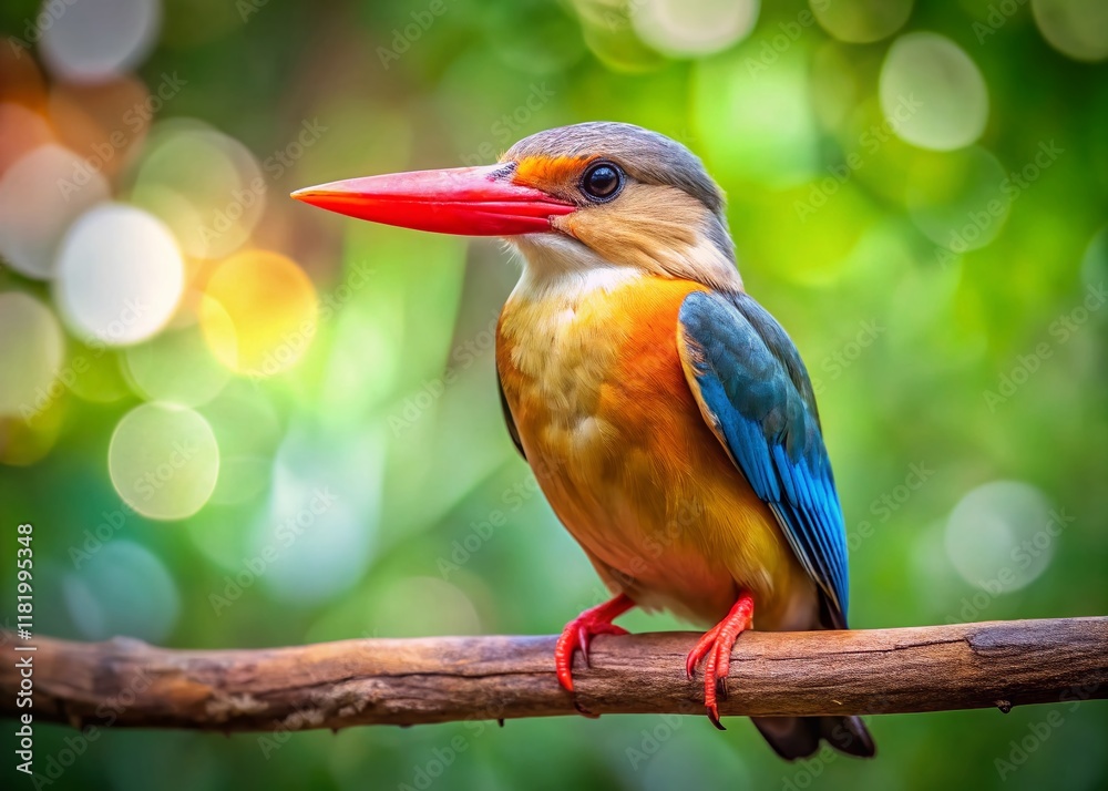 Obraz premium Red-Billed Kingfisher Bird Perched on Branch, Vibrant Colors, Wildlife Photography