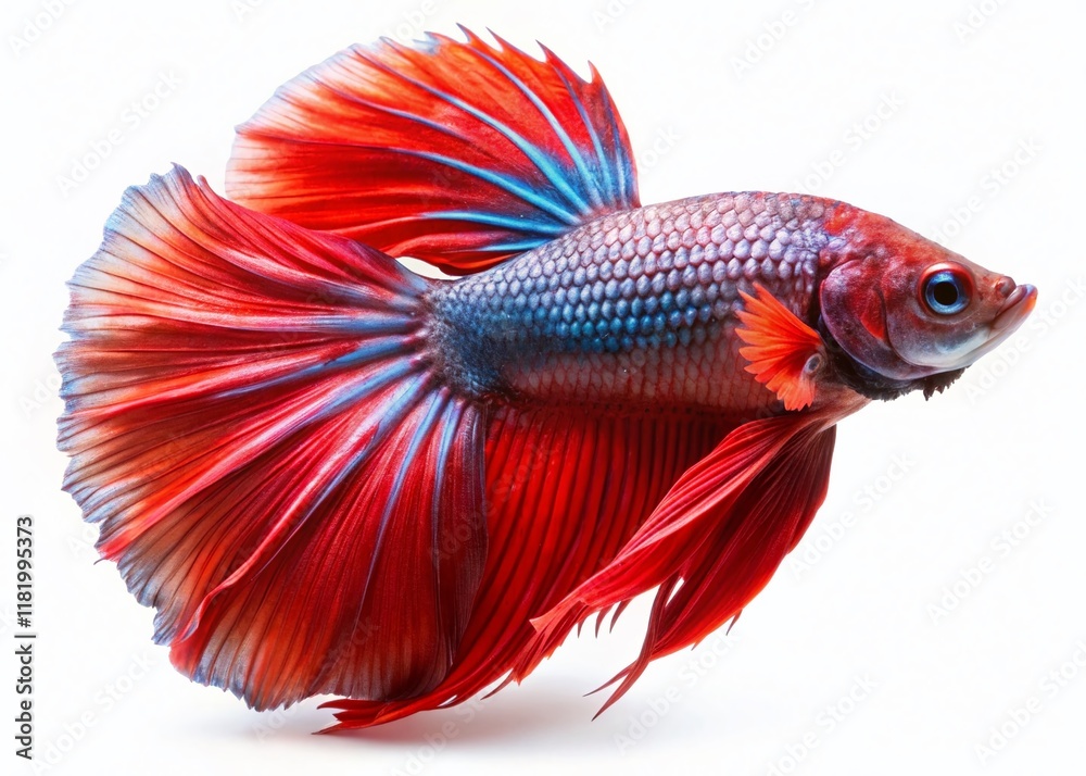 Red Betta Fish Swimming Down, Colorful Siamese Fighting Fish, White Background, Tilt-Shift Photography Red Betta Fish Swimming Down, Colorful Siamese Fighting Fish, White Background, Tilt-Shift Photography