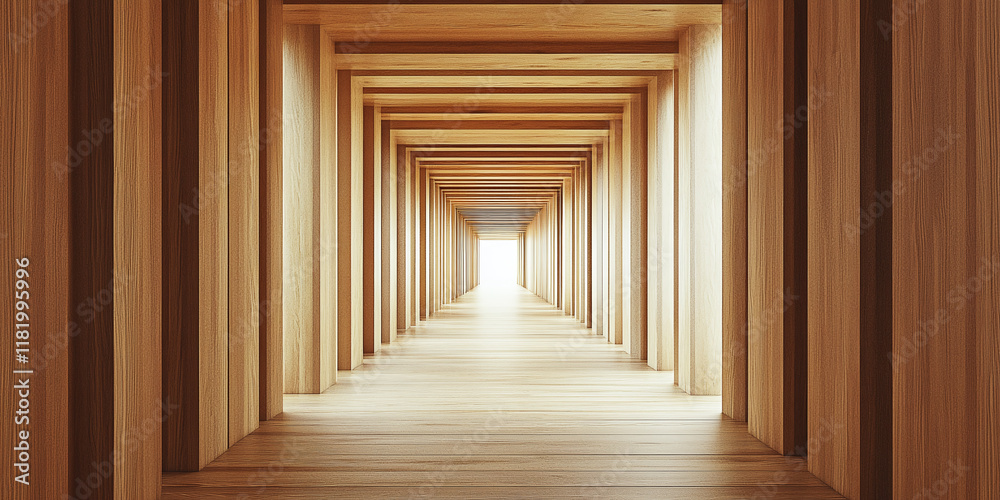 Modern hallway interior with wooden walls and ceiling panels, illuminated by skylights. The perspective creates a sense of depth, leading to large windows at the end. Modern hallway interior with wooden walls and ceiling panels, illuminated by skylights. The perspective creates a sense of depth, leading to large windows at the end.