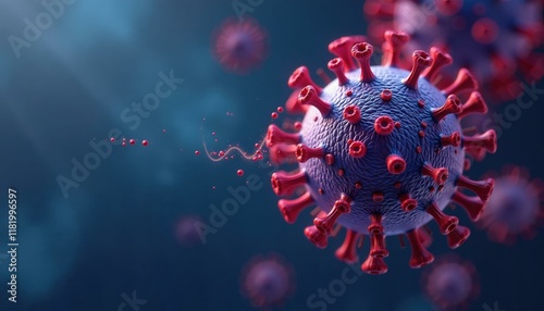 Detailed microscopic image of multiple coronavirus cells with red proteins and blue background showing spread of the virus with concept of contagiousness and health. photo