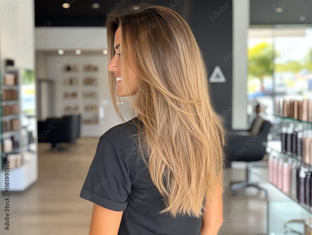Balayage extensions, transitioning from ashy roots to caramel tips, displayed elegantly on a glass platform Balayage extensions, transitioning from ashy roots to caramel tips, displayed elegantly on a glass platform