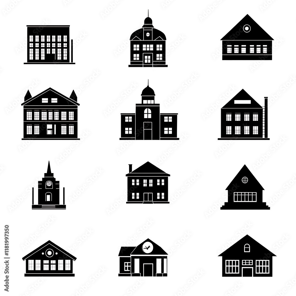 Fototapeta premium Collection of Black and White Building Silhouettes