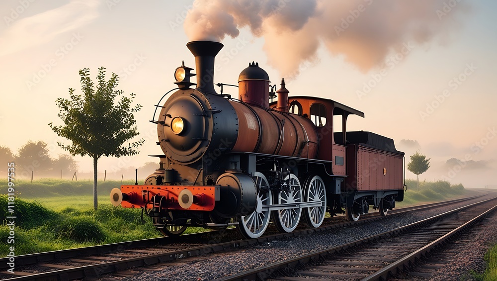 Obraz premium Vintage Steam Train Traveling Through Scenic Countryside at Sunrise