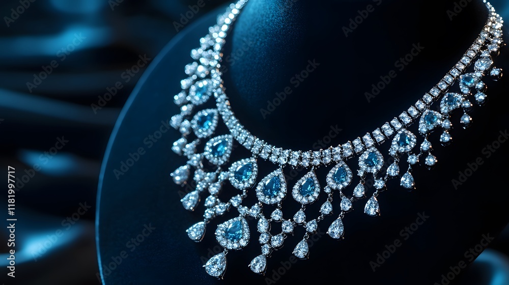 Fototapeta premium Elegant Diamond and Blue Gem Necklace on Black Background Display