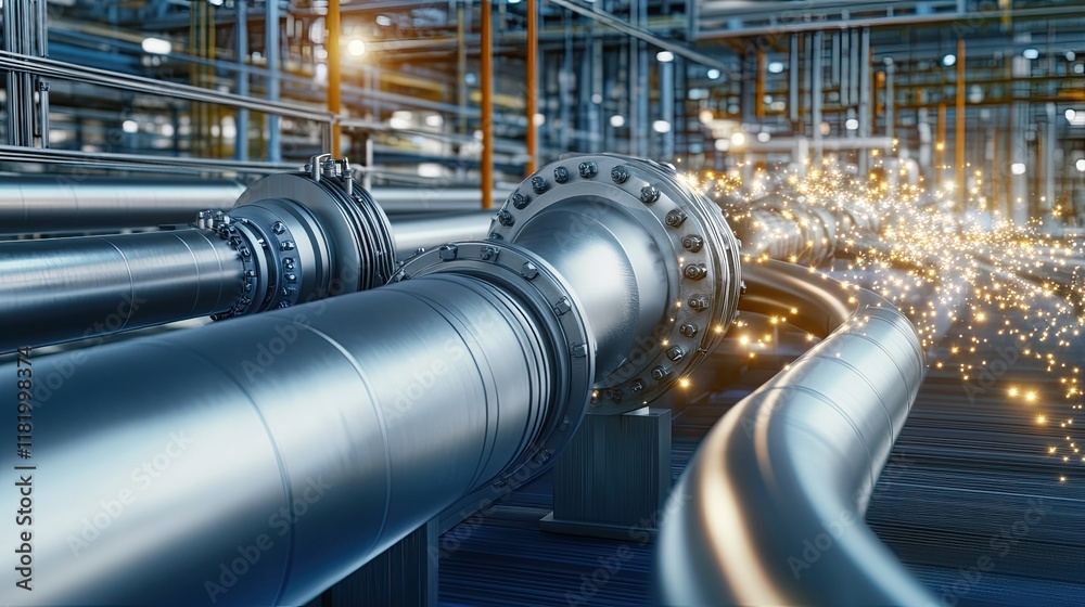 Complex steel piping and lines guide flow paths in an industrial plant, with a focus on metallic structures in deep blue tones Complex steel piping and lines guide flow paths in an industrial plant, with a focus on metallic structures in deep blue tones