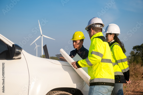 Wallpaper Mural Engineers brainstorm on a plan to inspect the performance of wind turbines in the field using a pickup truck to survey. Torontodigital.ca