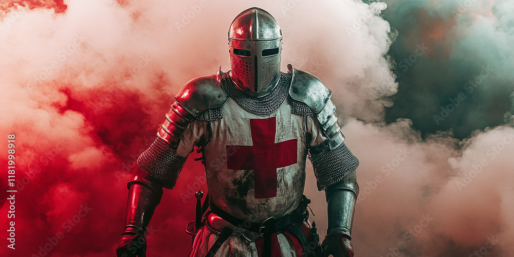 Fototapeta premium Medieval knight wearing full armor and a helmet with a red cross, standing in a cloud of red and white smoke. The dramatic lighting enhances the warrior’s imposing presence.