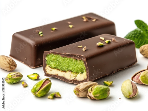 Delicious chocolate bars filled with green pistachio cream, surrounded by pistachio nuts, creating tempting treat for chocolate lovers photo